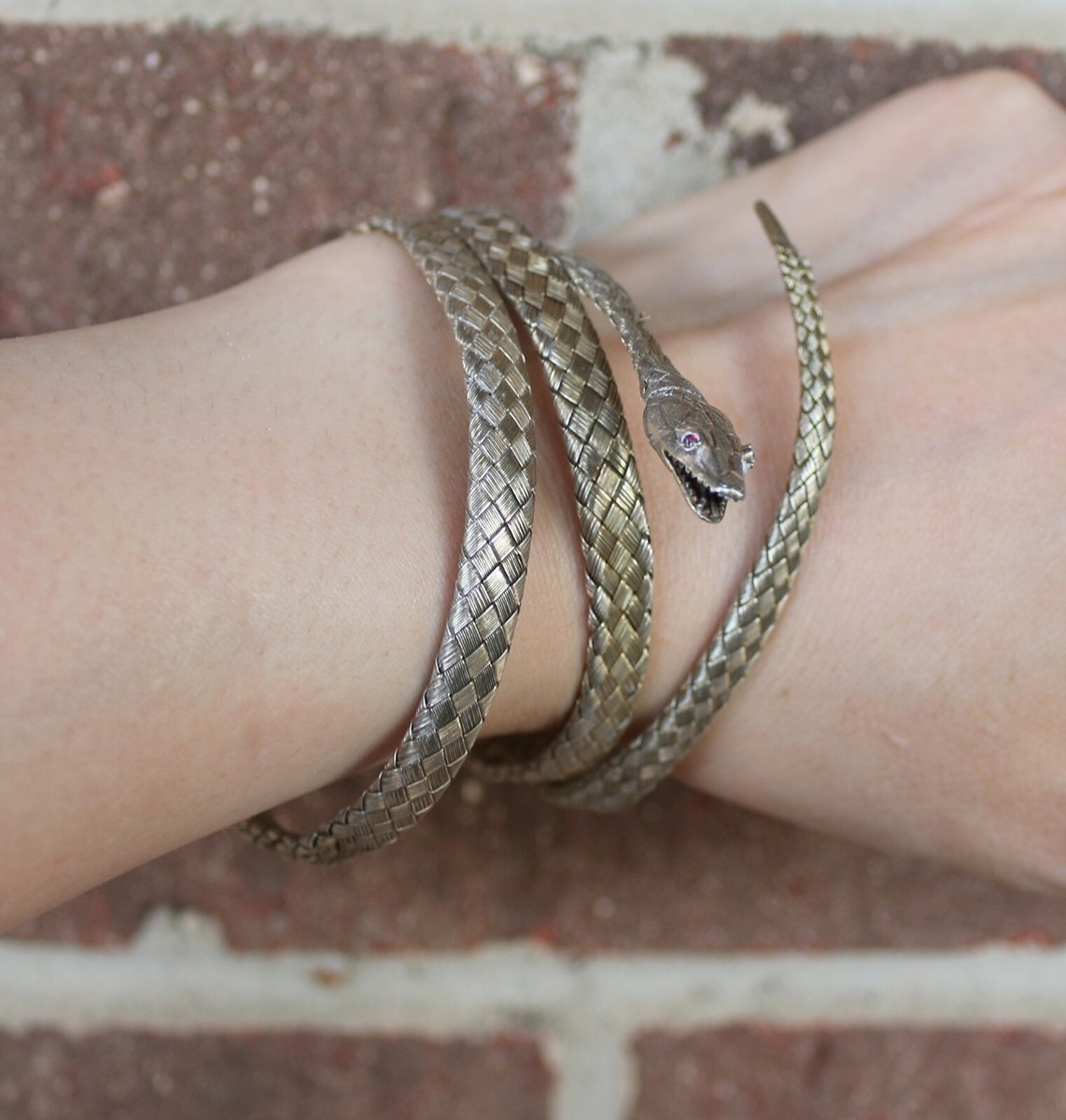 Antique Victorian Silver Woven Gilt Garnet Eyes Snake Wrap Bangle