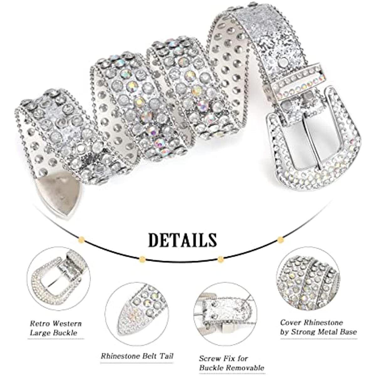 Rhinestone Studded Western Belt with Removable Buckle for Men Women Cowboy Cowgirl Western Rhinestone Belt With Western Buckle  main image 4