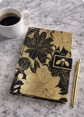 Punch Studio Magnetic Notebook 9x6 Gold & Black Floral With Bejeweled Bumblebee