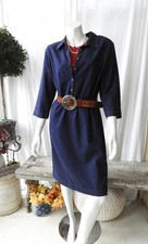 Vtg 90's Talbots Blue Denim Henley Dress 3/4 Sleeve Below Knee sz 8