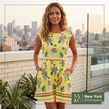 New York & Company Womens Yellow Floral Cotton Fit Flare Pocket Dress Size M