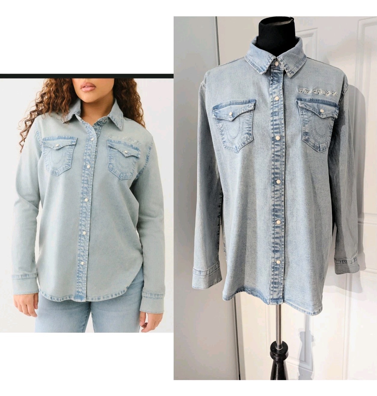 True Religion Georgia Light Denim Top Size XL NWT Long Sleeve Snap Pockets Women