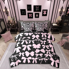 Kawaii Black Pink Bows 7-Piece Queen Bedding Set - All Season Decor