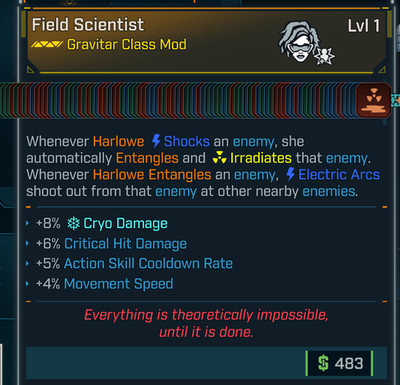 Borderlands 4   MODDED Class Mod    Harlowe Scientist Lvl 1 All Skills PS PC XB