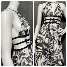 NWT Express Strappy Side Plunge Cut-Out Maxi Dress Black White Floral Print XS
