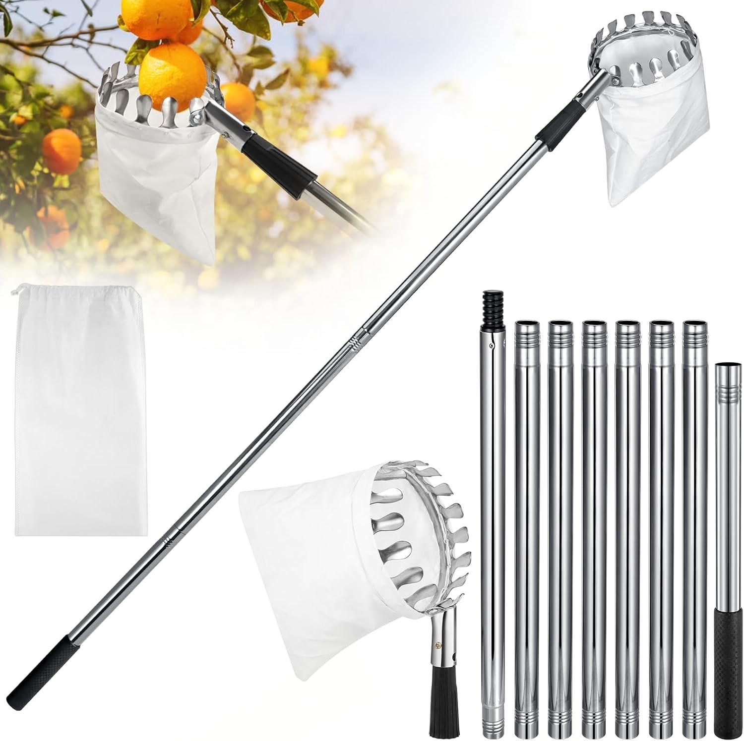 Fruit Picker Pole with Basket Telescoping, 11.5FT Adjustable Fruits Picker Tool