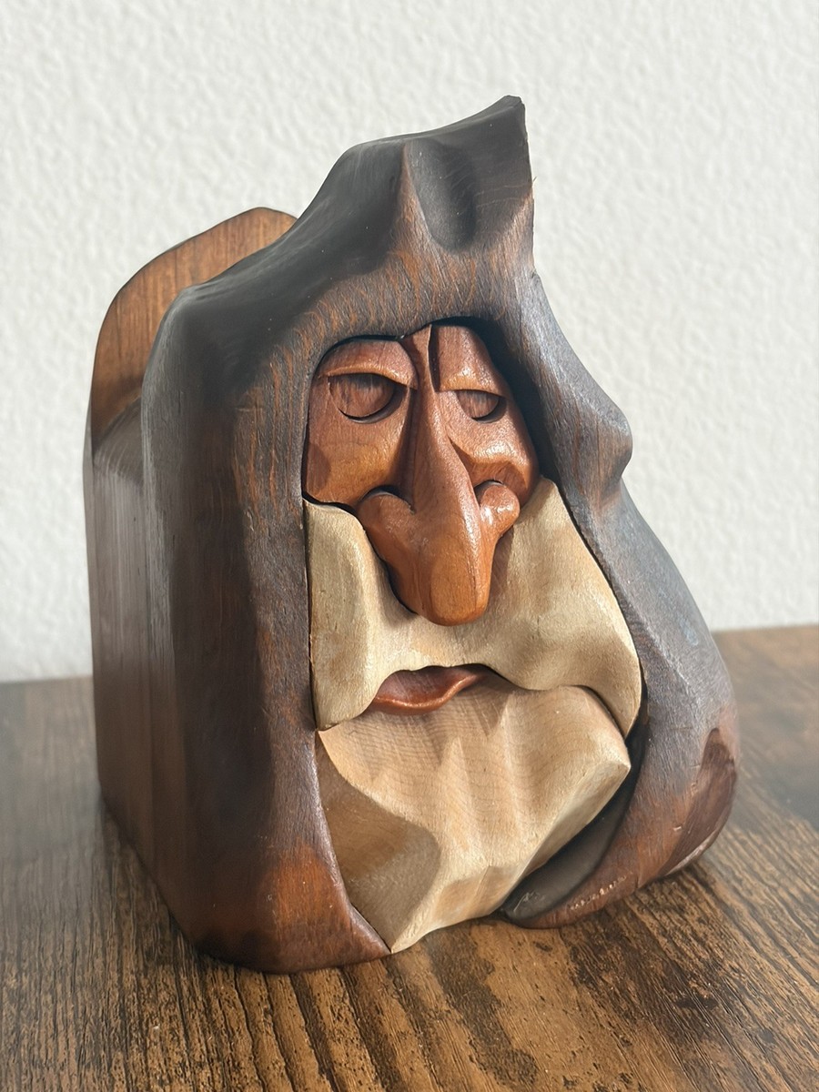Hand Carved Signed Pitz Wooden Pencil Holder Box Wizard Old Man