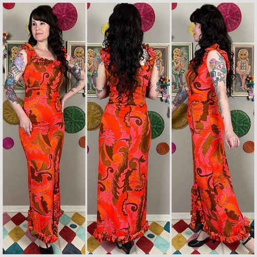 Vintage 1960s Day Glo Hawaiian Print Sleeveless Ruffle Maxi Dress | 28" Waist - Picture 2 of 5