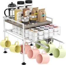 Coffee Bar Organizer Countertop, 2 Tier Mug Cup Holder Stand with 10 Hooks, 60 K