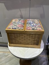 Sewing Box & Contents Fabric Top Light Wood & Wicker 