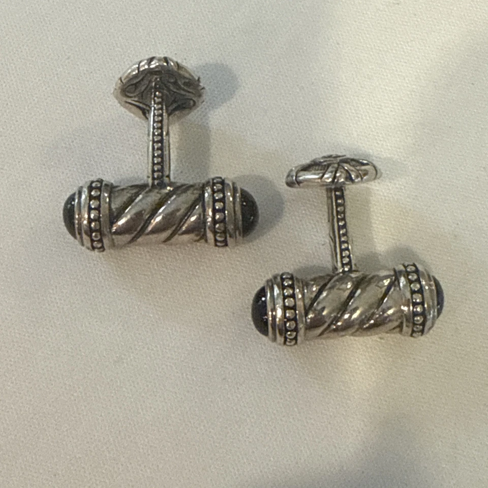 SCOTT KAY FANCY BASKET WAVE STERLING SILVER CUFFLINKS With Onyx Black Stone Foto 3 de 4