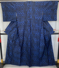 Japanese Vintage Kimono Silk Blue Tumugi Traditional Authentic Length 62 in