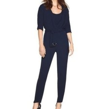 White House Black Market Jumpsuit Womens 10 Navy Blue Belted Half Sleeve Casual