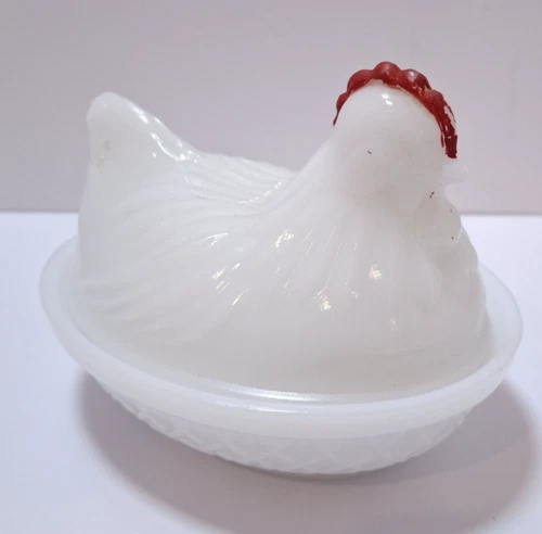Vintage Hazel Atlas Milk Glass Hen on Nest 2 Pc Dish 4 1/2"