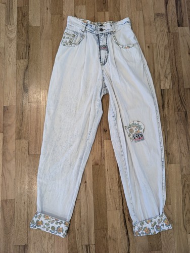 Vtg GET USED by ELIE High Waist Floral Patches Acid Wash Mom Jeans Streetwear 90 - Picture 4 of 22