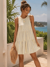 Dip Pastel Stripe Cotton Gauze Tiered Sleeveless Dress Beach Resort Boho Size Sm
