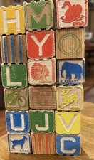 Vintage Embossed Wood Alphabet Block Set of 36 with Letters and Pictures