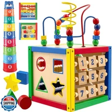 Wooden Activity Play Cube 6 in-1 for Baby with Removable Bead Maze, Shape Sor