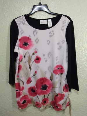 Alfred Dunner Womens Pull Over Shirt Poppy Flowers Size Small Black Red NWT $56