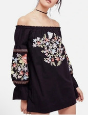 Free People Dress M Fleur Du Jour Black Embroidered Off Shoulder Mini Boho C16