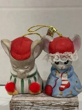 Vintage Lil Chimers Ma & Pa Mouse Christmas Bell Ornaments JASCO Taiwan - 2 3/4"