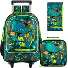 3Pcs Dinosaur Rolling Backpack for Boys, Kids School Backpacks with Wheels, R...