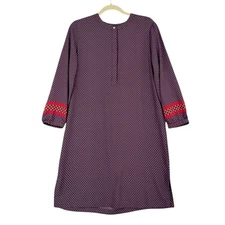Loft Burgundy Polka Dot Print Long Sleeve Dress - Women's Medium
