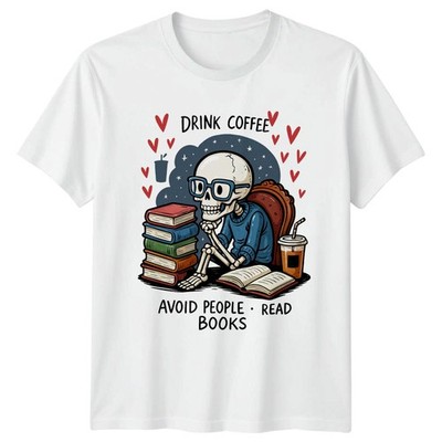 Kaffee trinken vermeiden Menschen lesen Bücher lesen Kaffee Skelett Unisex Grafik T-Shirt