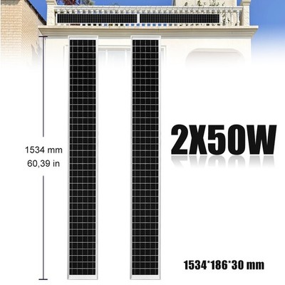 2x50W Solarpanel Glas Monokristallin Solarmodul Schmal für Balkone Dächer Gärten