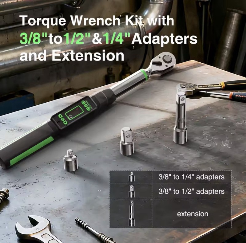 Digital Electronic Torque Wrench Kit 3/8in Ratcheting w/ Adapters & Ext, 4pc