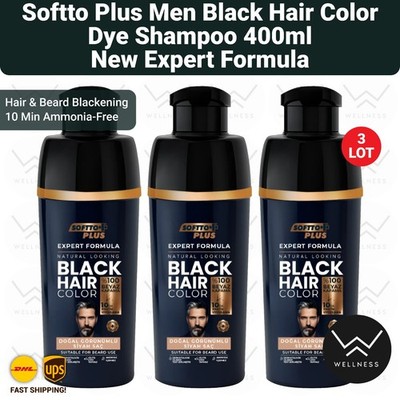 Softto Plus Men Black Hair Color, Hair Blackening 10 Min Ammonia-Free 400ml-3LOT