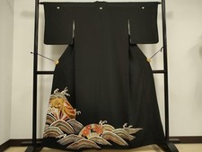 Japanese Kimono Black Tomesode Piece Embroidery Phoenix e Wheel Carriage Gold C