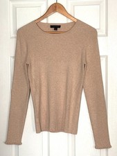ANN TAYLOR Ribbed Scalloped Sleeve Sweater Womens Sz L Tan Stretchy Pullover