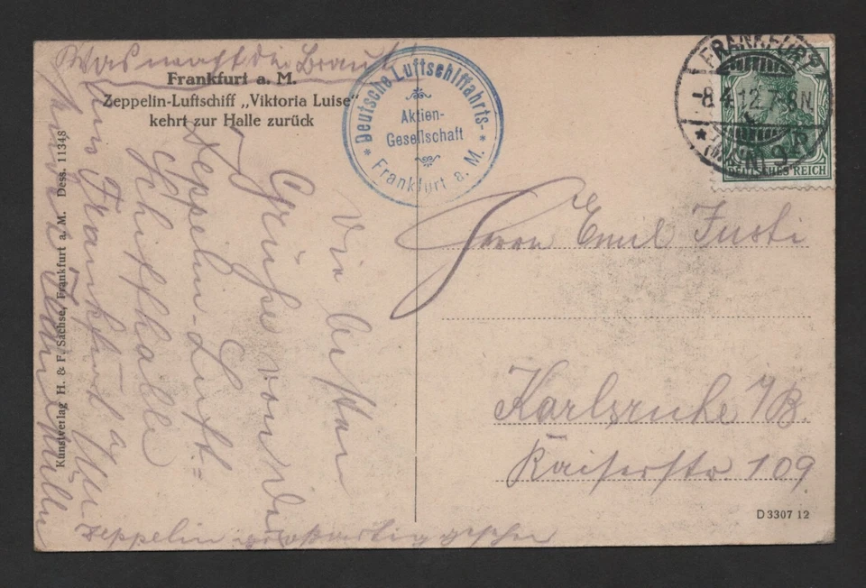 GERMANY 1912 FRANKFURT RPPC ZEPPELIN POSTCARD VIKTORIA LUISE - Image 2 of 2