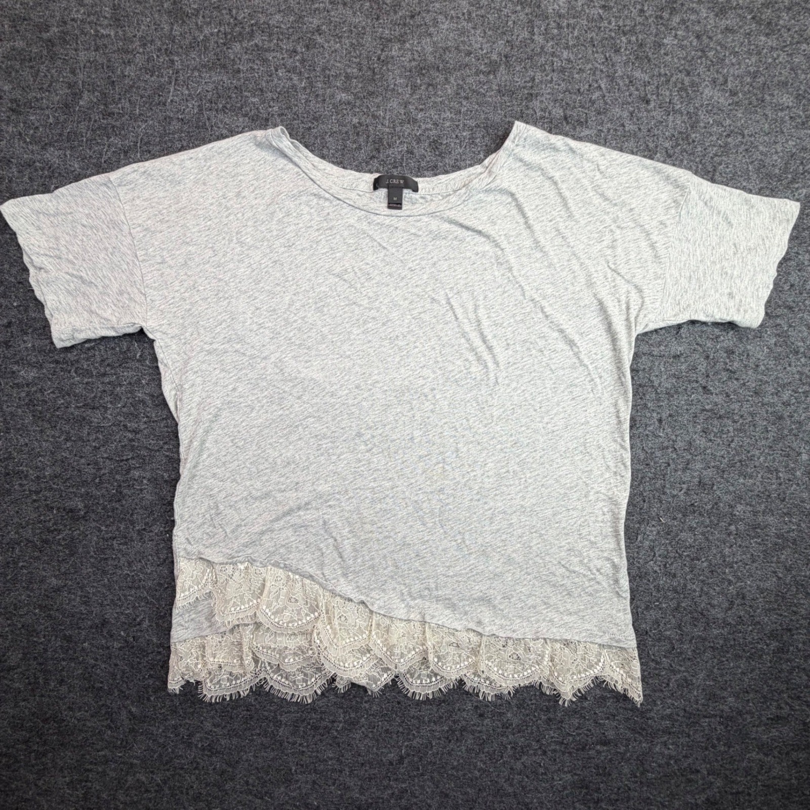 J. Crew Lace Hem T-Shirt Womens Size M Gray Short Sleeve Cotton Crew Neck Top