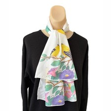 Vintage Womens Songbird Scarf Signed Gold Finch Long Rectangle Floral