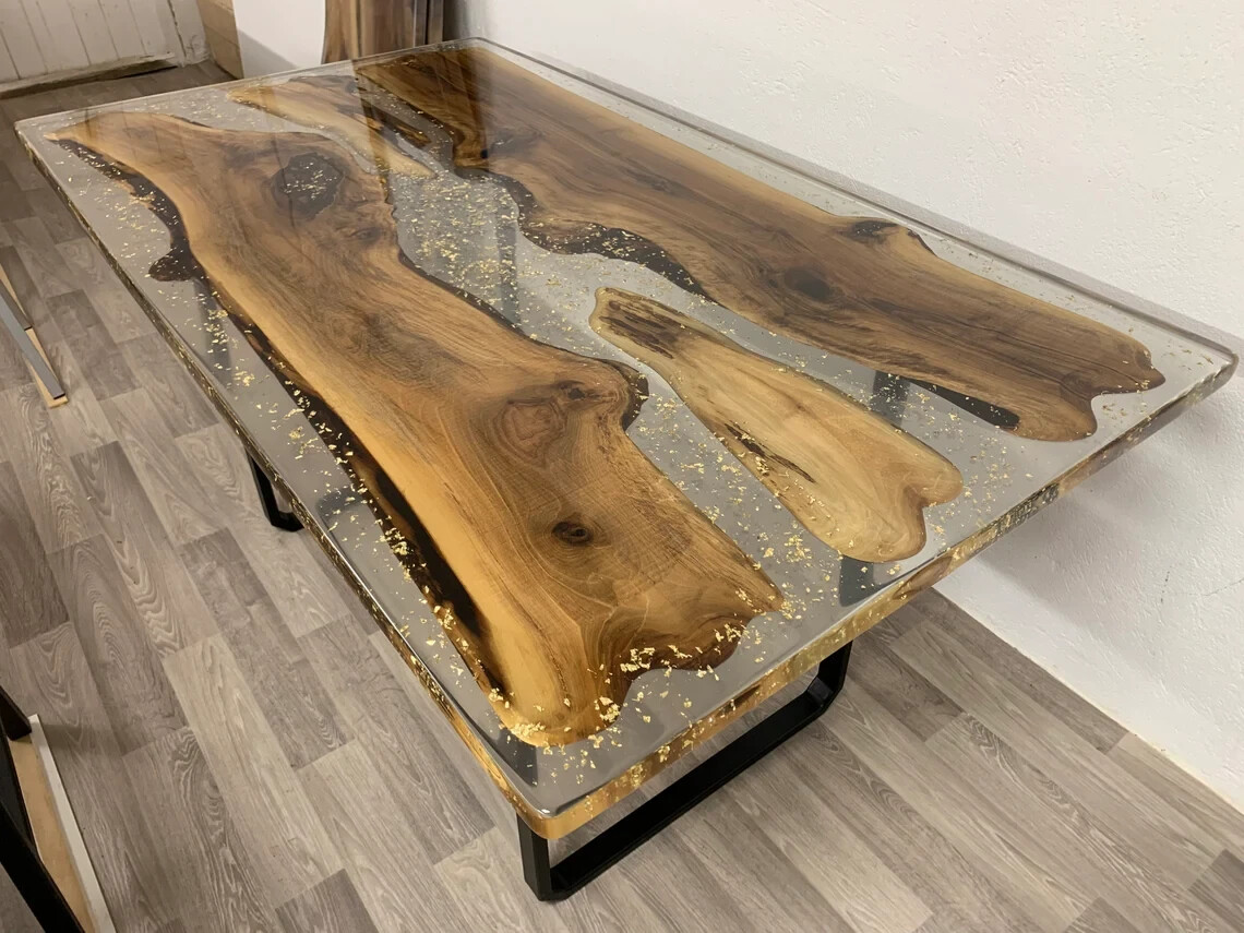 Custom made Handmade Wood and resin dining rustic table Epoxy Wood Walnut tables-image