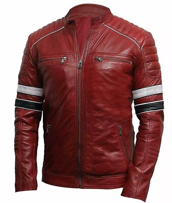 Men's Café Racer Retro Brando Vintage Red Leather Jacket Motorcycle Rider Jacket