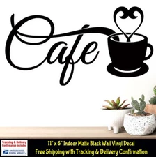 11" CAFE Coffee Wall Decal Walls Door Mirror Indoor Removable Matte Black Vinyl