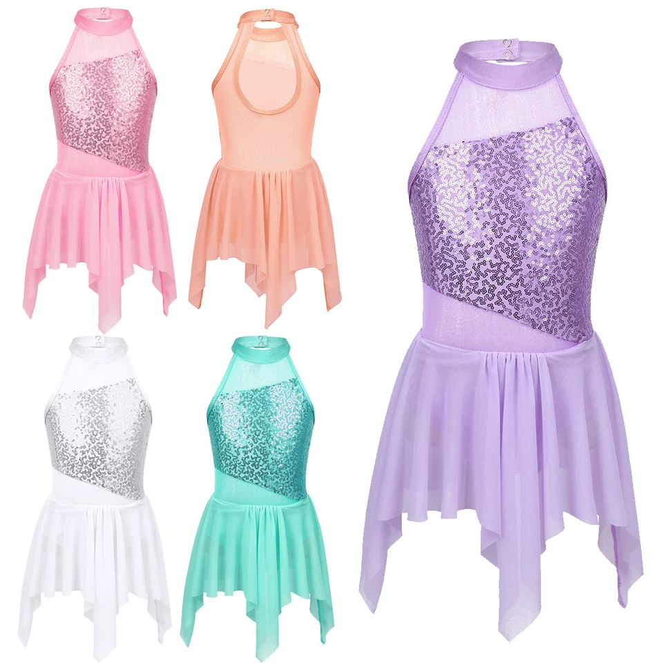 Girls Lyrical Sequins Dance Dress Ballet Leotard Irregular Dancewear Costume - Image 2 of 2