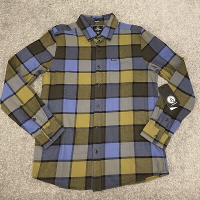 Volcom Shirt Mens Medium Green Blue Plaid Caden Flannel Button Up NEW $65