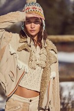  398 Free People Cozy Knit Mix Moto Jacket We The Free L Large Fringe Sherpa