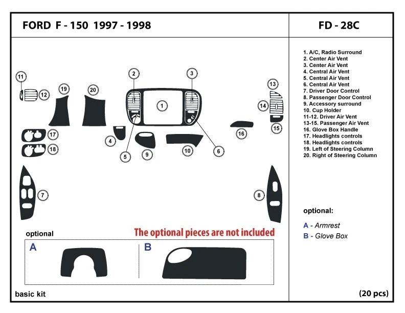 Dash trim Kit Set for Ford F 150 1997 1998 Interior Dashboard FD