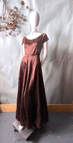 Vtg 1940s Satin Jacquard Dress Chocolate Brown Hollywood Rockabilly 36" Bust