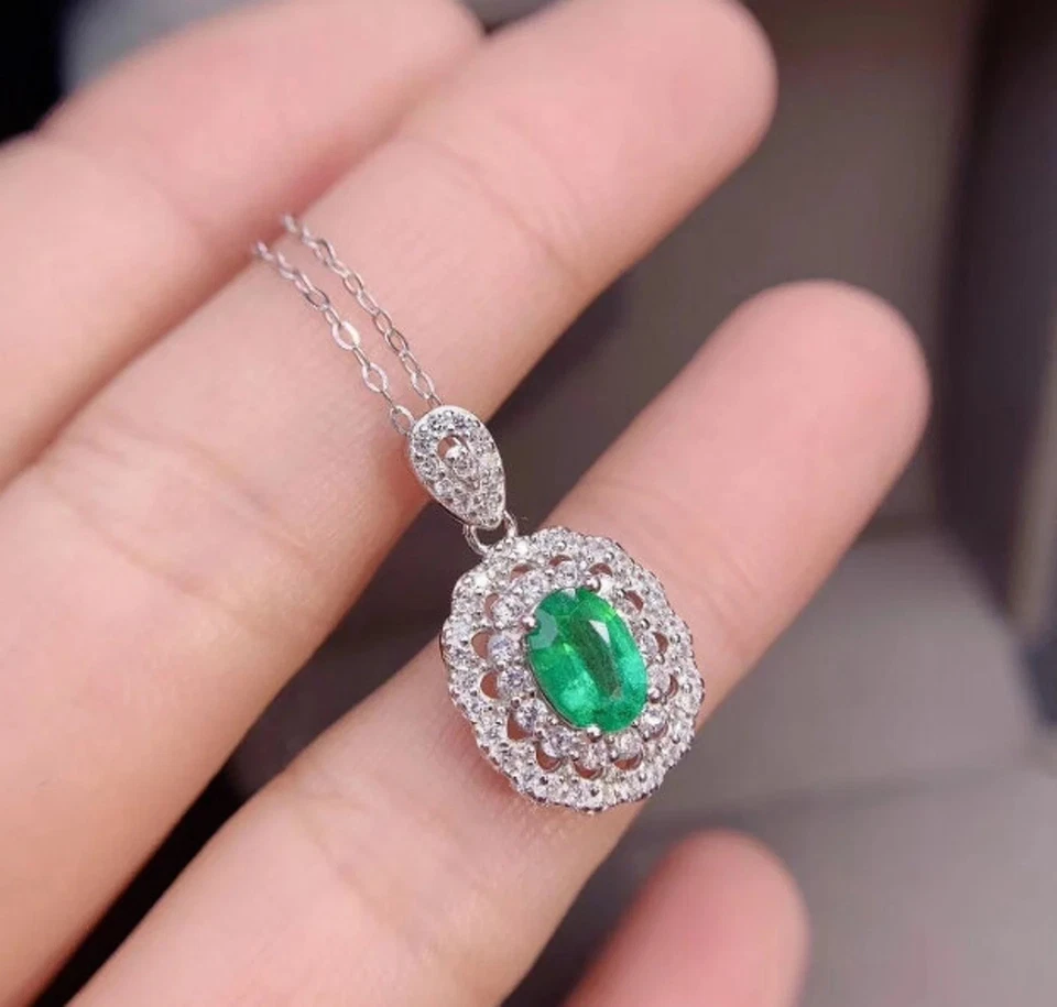 Кулон цепочка 18 дюймов с покрытием из белого золота 14 карат с зеленым изумрудом овальной огранки 2 карата - Изображение 2 из 4
