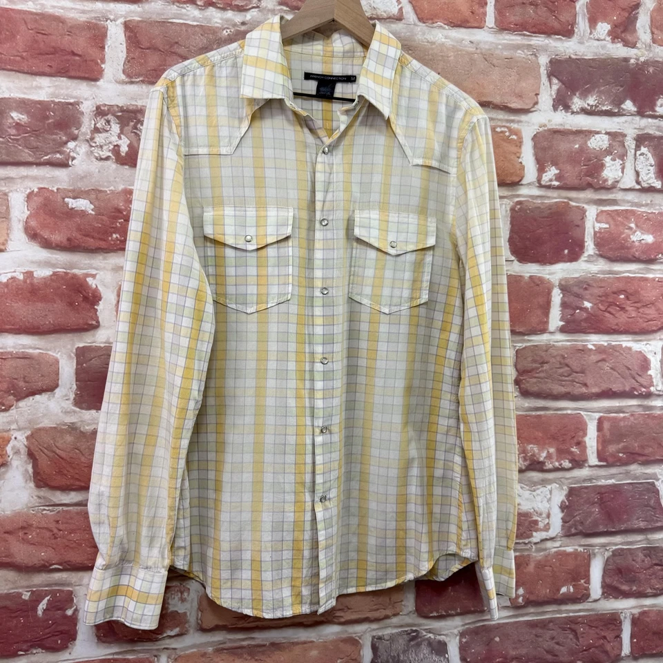 Top Western French Connection para mujer M amarillo a cuadros perla abotonada a presión Foto 2 de 4