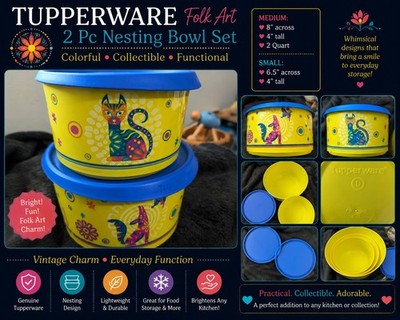 Tupperware 2 Pc Nesting Storage Bowl Set Folk Art Cat Fox Yellow Blue 2Qt &...
