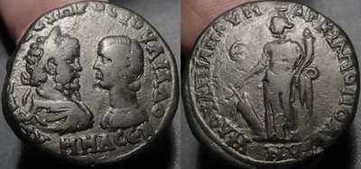 MRTWN Septimius Severus & Julia Domna AE28 Tyche Wand and Rudder Perfect Patina