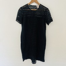 Sundance Catalog Black Short Sleeve Eyelet Shift Dress Size 10