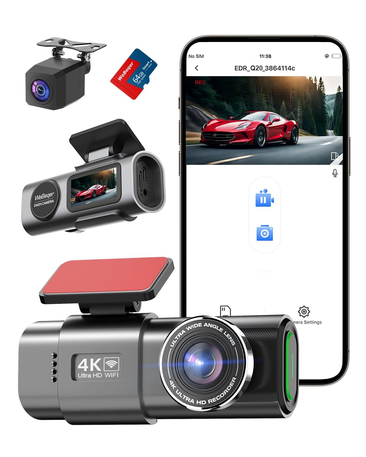 Dash Cam Auto Anteriore e Posteriore 4K Uhd 1080p con Scheda Sd 64G WIFI Dual - Miniatura 13